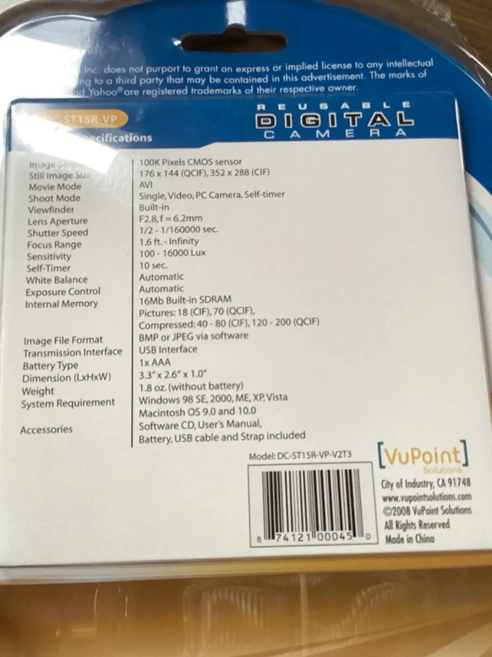 VuPoint Solutions Reusable Digital Camera DC-ST15R-VP New